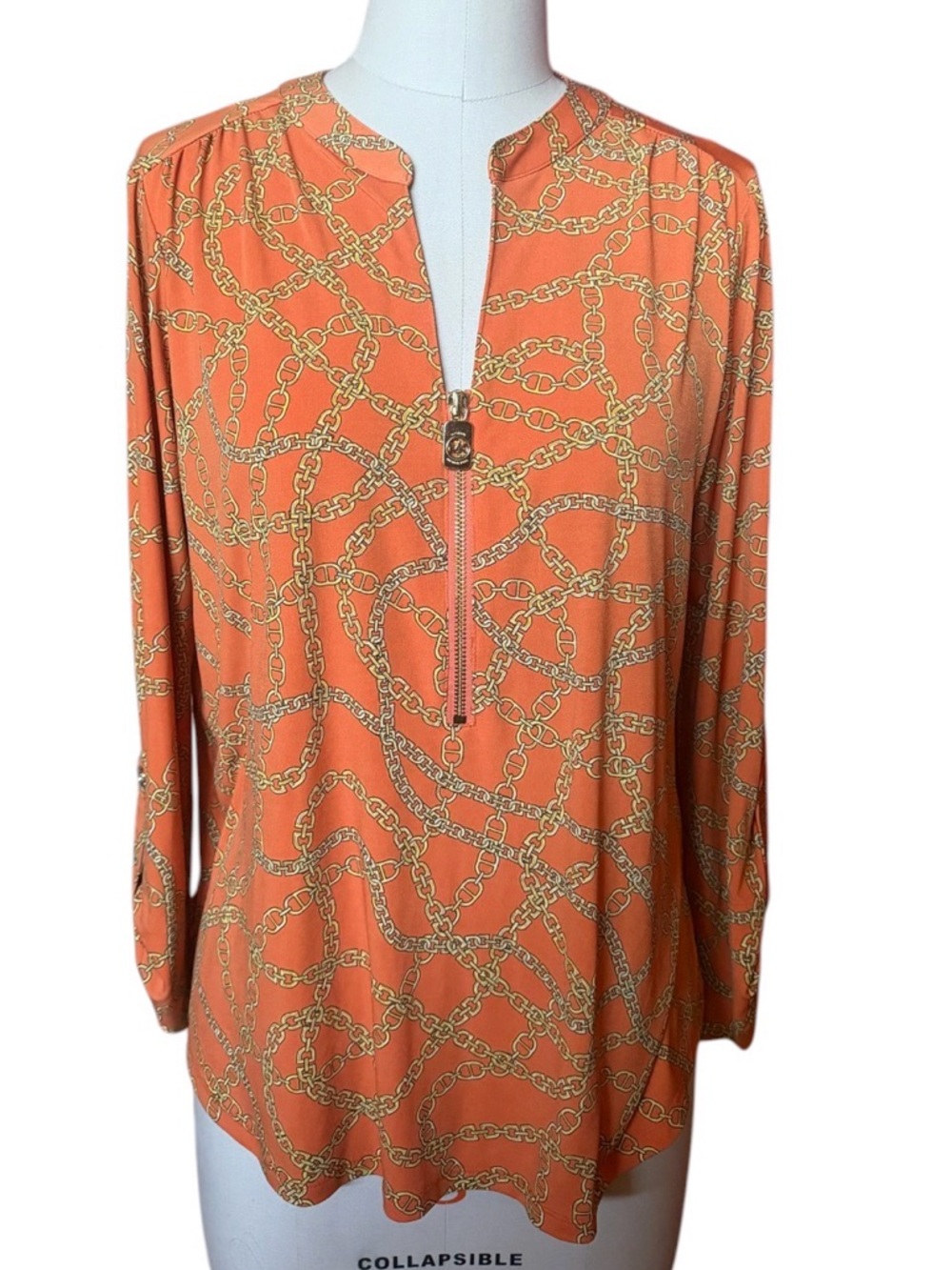 Michael Kors Orange Chain-Print Long Sleeve Zip Top